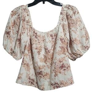 Abercrombie & Fitch Floral Linen Blend Puff Sleeve Top Medium NWT Cream/Brown